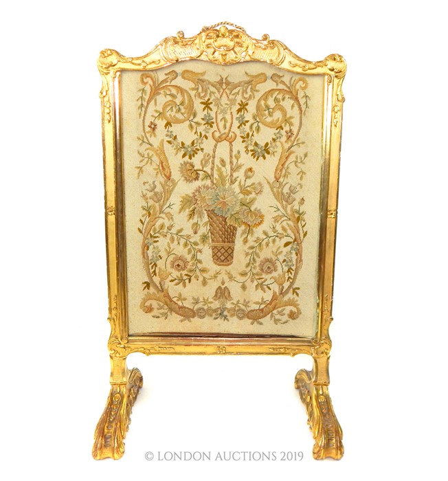 A Late 19th Century French Gilt Fire Screen With Needle Point Removable Panel.