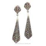 A pair Of Silver And Marcasite Art Deco Style Drop Earrings.