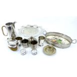 A Quantity Of SIlver Plated Items To include A Cake Stand And A Quantity Of Tot Mugs