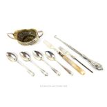 A Quantity Of Sterling Silver Teaspoons, Button Hook and Silver Plated Miniature