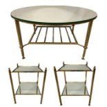A PAIR OF 20TH CENTURY BRASS AND MIRRORED GLASS TWO TIER LAMP TABLES.
