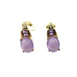 A Pair Of Yellow Gold Cabochon Amethyst Earrings.
