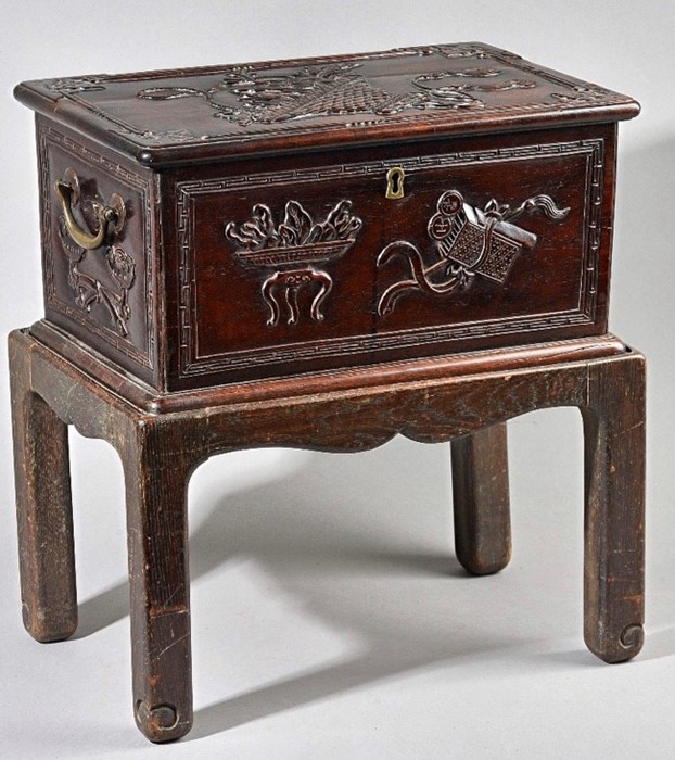 AN 18TH CENTURY CHINESE CARVED ZITAN SCHOLARS BOX.