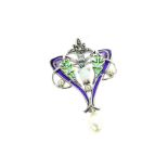 A Silver Art Nouveau Style Plique A Jour Brooch Inset With Opal Panel.