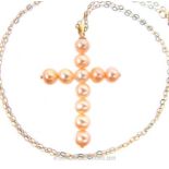 A 14 carat Gold Pink Pearl Cross Pendant On 9 carat Gold Chain.