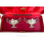 Antique Cased Pair Sterling Silver Large Ornate Master Table Salts.