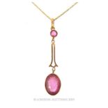 An Antique 9 carat Gold Pink Sapphire drop pendant Necklace