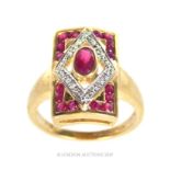 A Vintage 9 Carat Gold Ruby & Diamond Art Deco Design Ring.