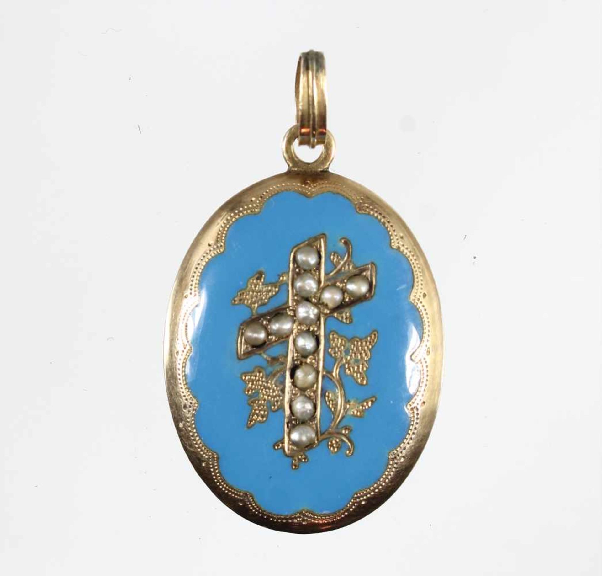 Medaillon um 1870/80, Gold 585/000 (Säure geprüft), blaues opakes Emaille, im Kreuz 11 St. 1/2