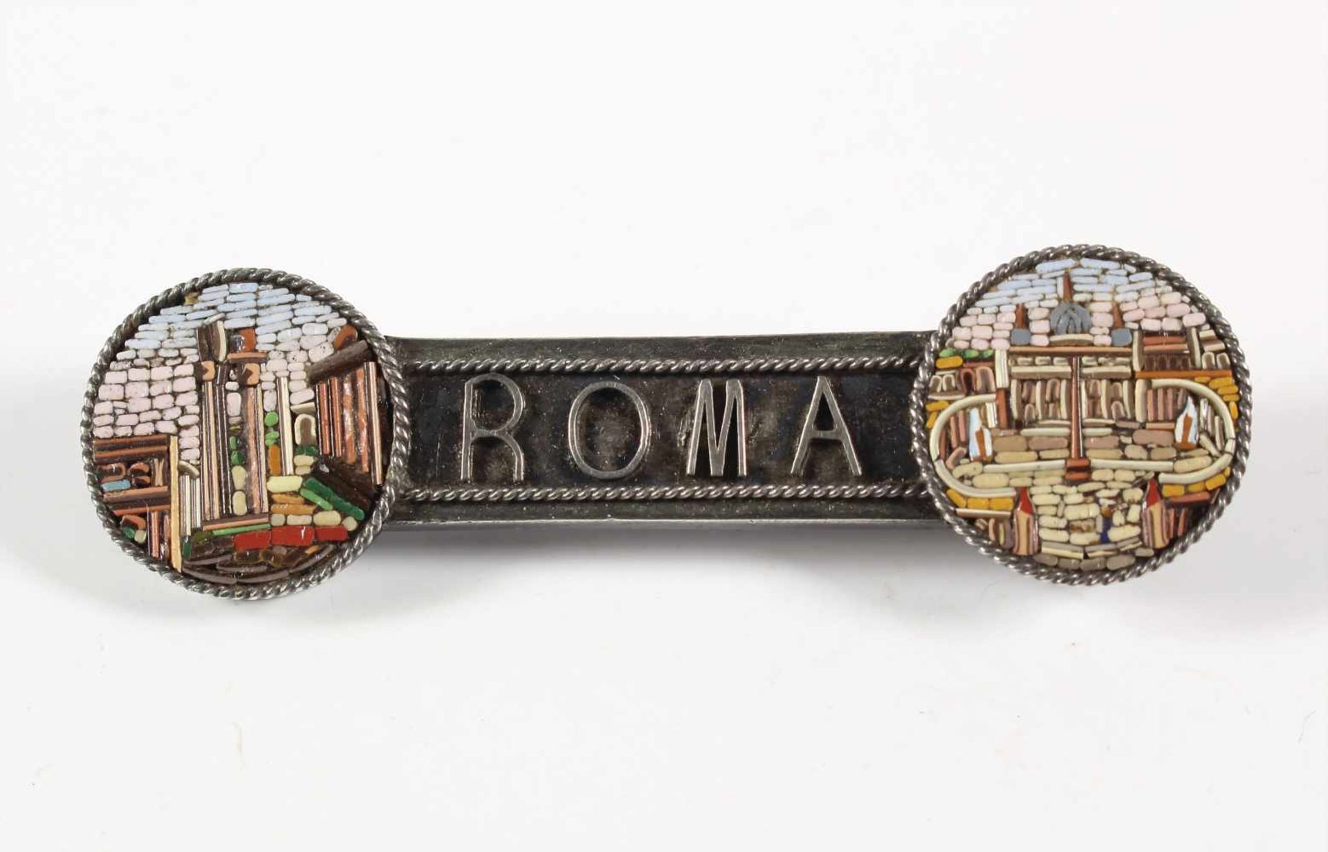 Brosche "ITALIEN" um 1900, Silber (geprüft), "ROMA", Mikro-Mosaik, auf der einen Seite: