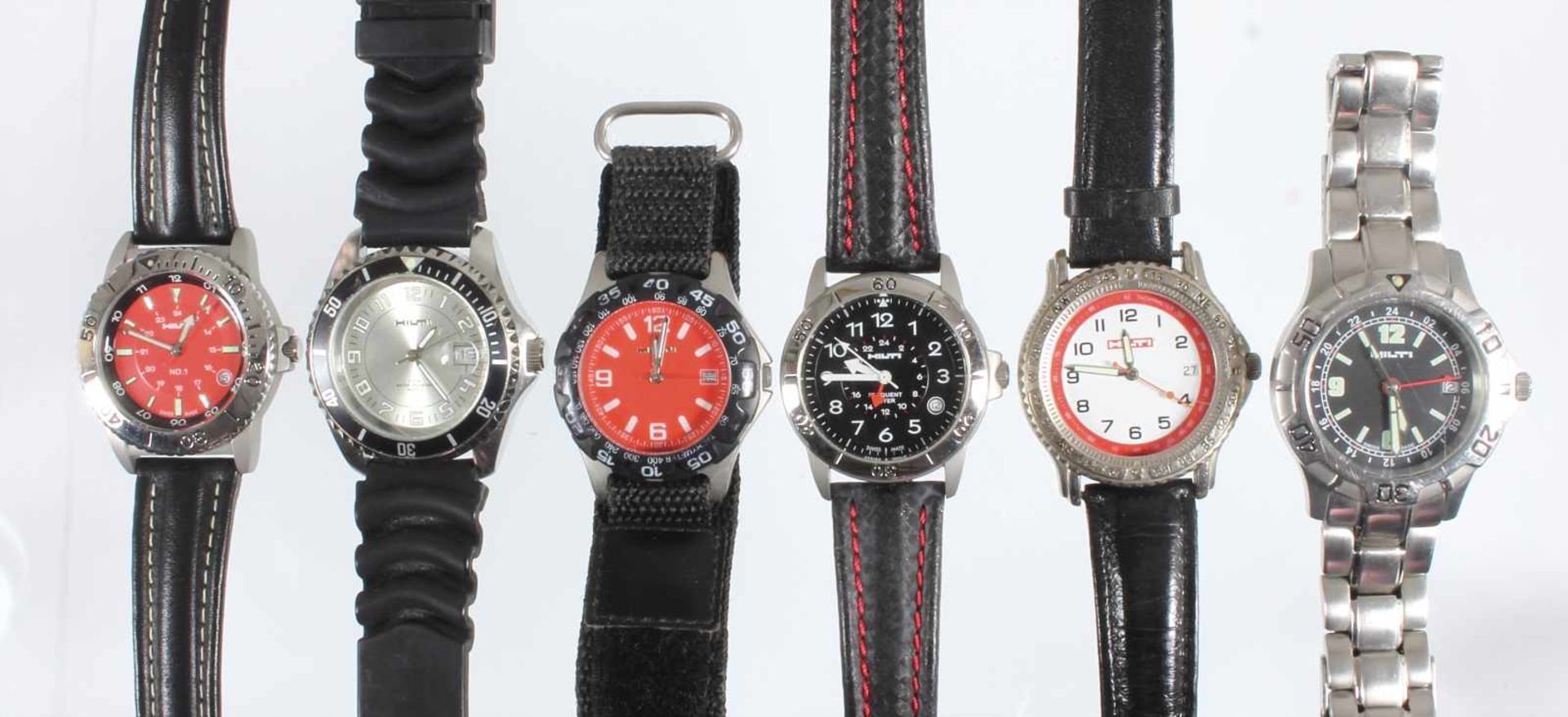 Lot Herren-Armbanduhren: 6 Stück, "HILTI", u. a, Lederband mit Dornschließe, Stahlband mit