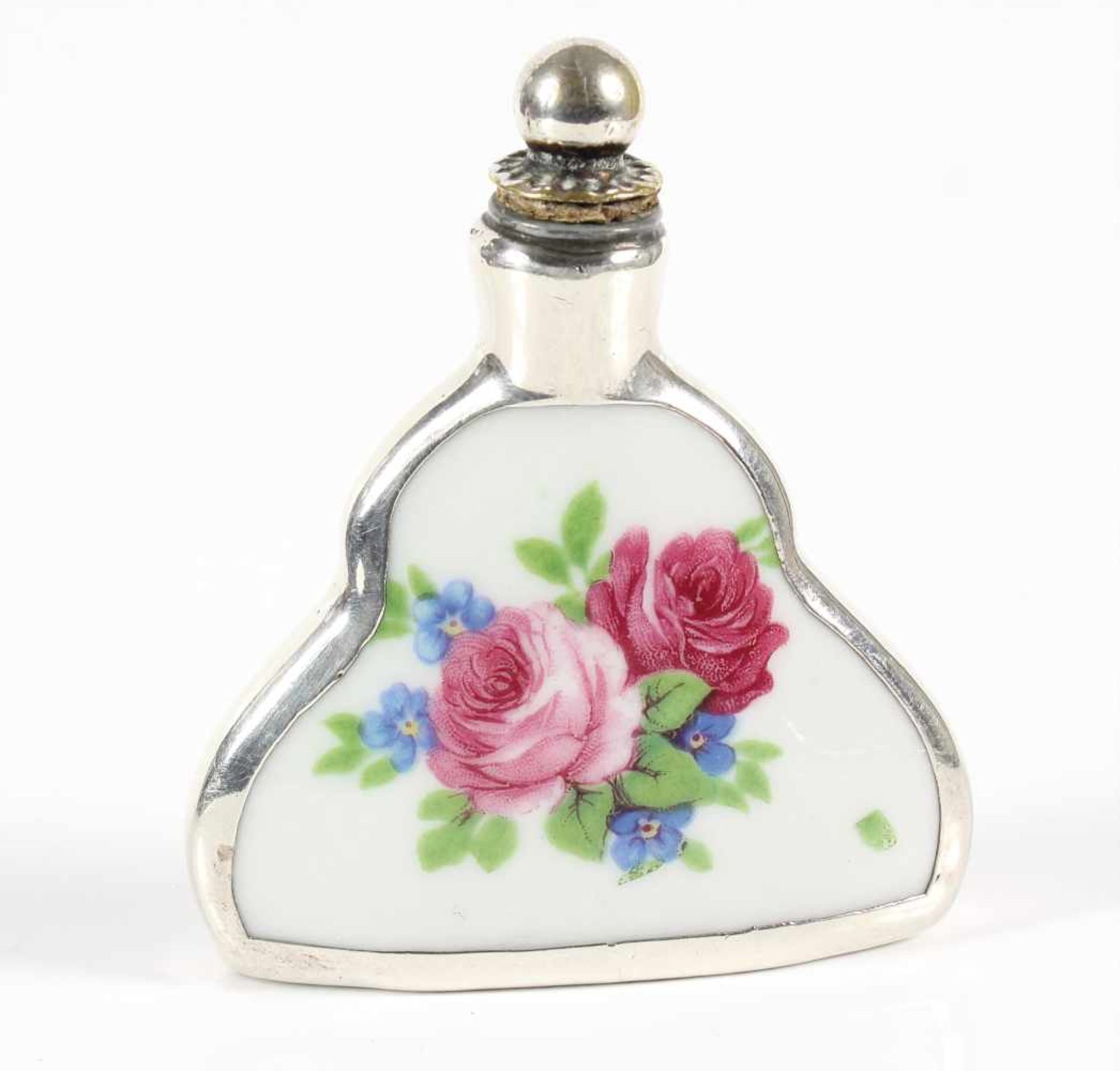 Parfum-Flacon, "SILVER OVERLAY", Silber 1000/000, Porzellan beidseitig bemalt mit Rosenblüten,