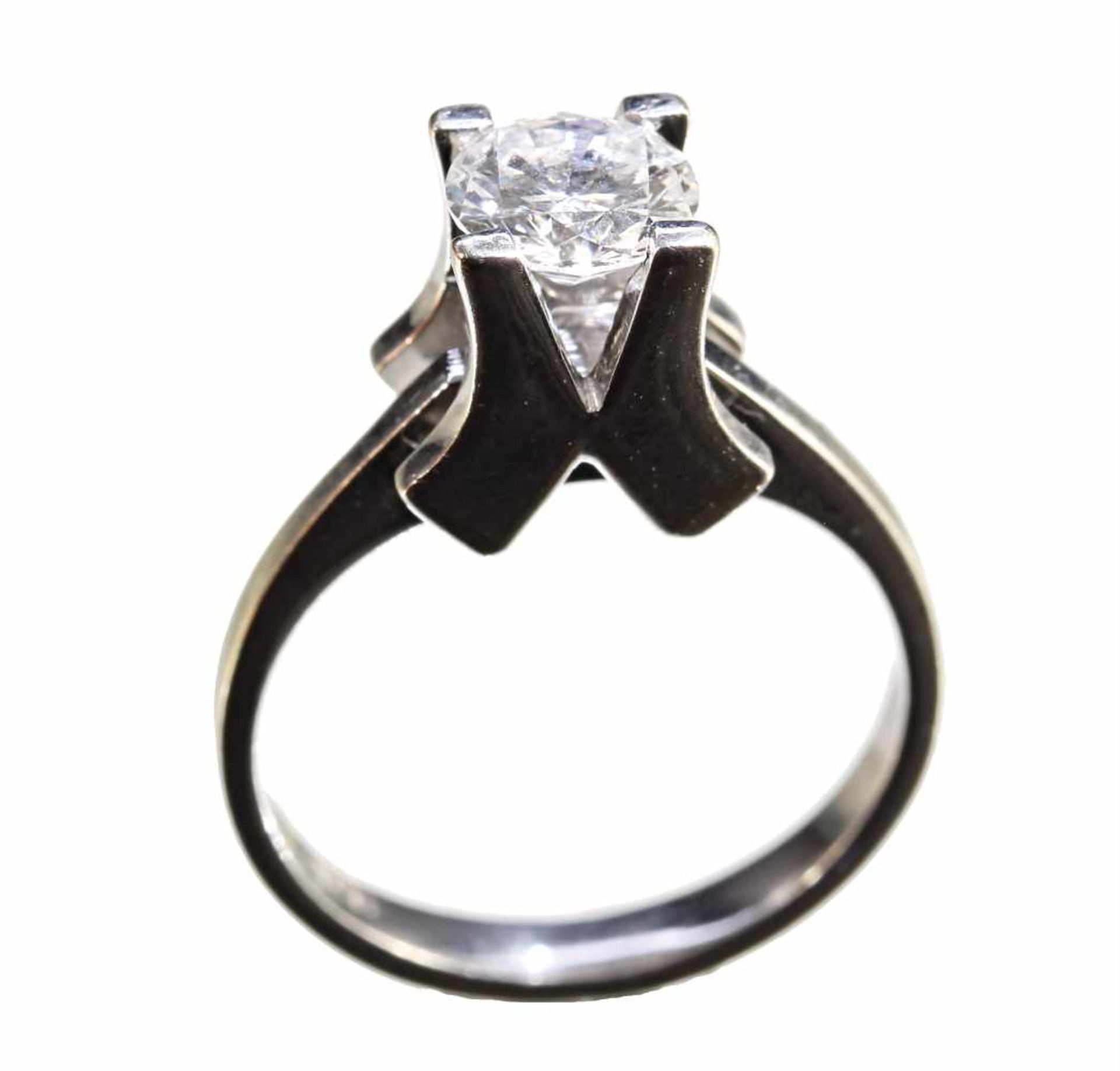 Ring "SOLITÄR-KLASSIKER", WG 585/000, 1 Brillant ca. 0,8 ct tw/w-vsi, ausgefallener Ringkopf, RW ca.