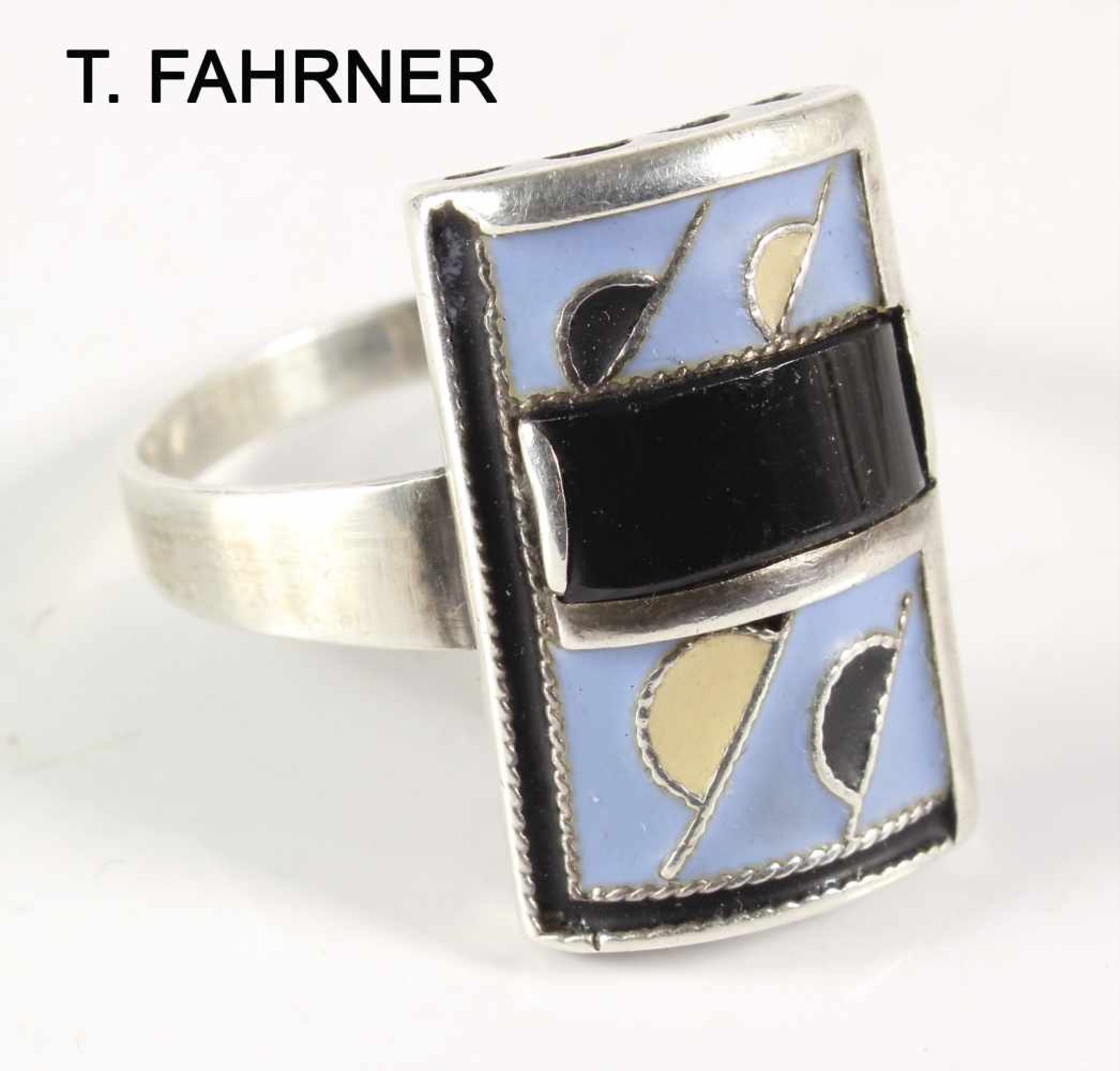 Ring, "THEODOR FAHRNER, ART-DECO um 1930, Silber, unsigniert ! Blaues, schwarzes u. cremèfarbenes