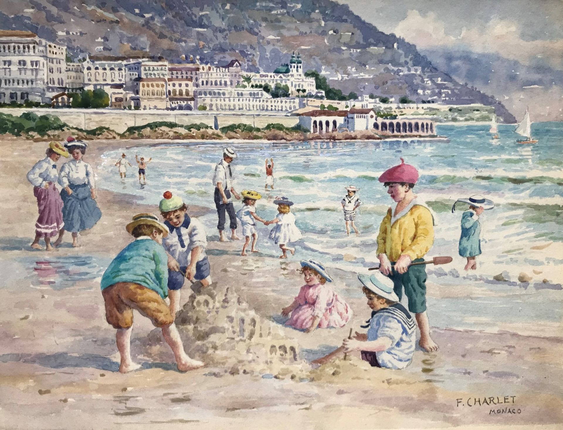 Frantz CHARLET (1862-1928), Belgique - Enfants sur la plage à Monaco - Aquarelle [...]