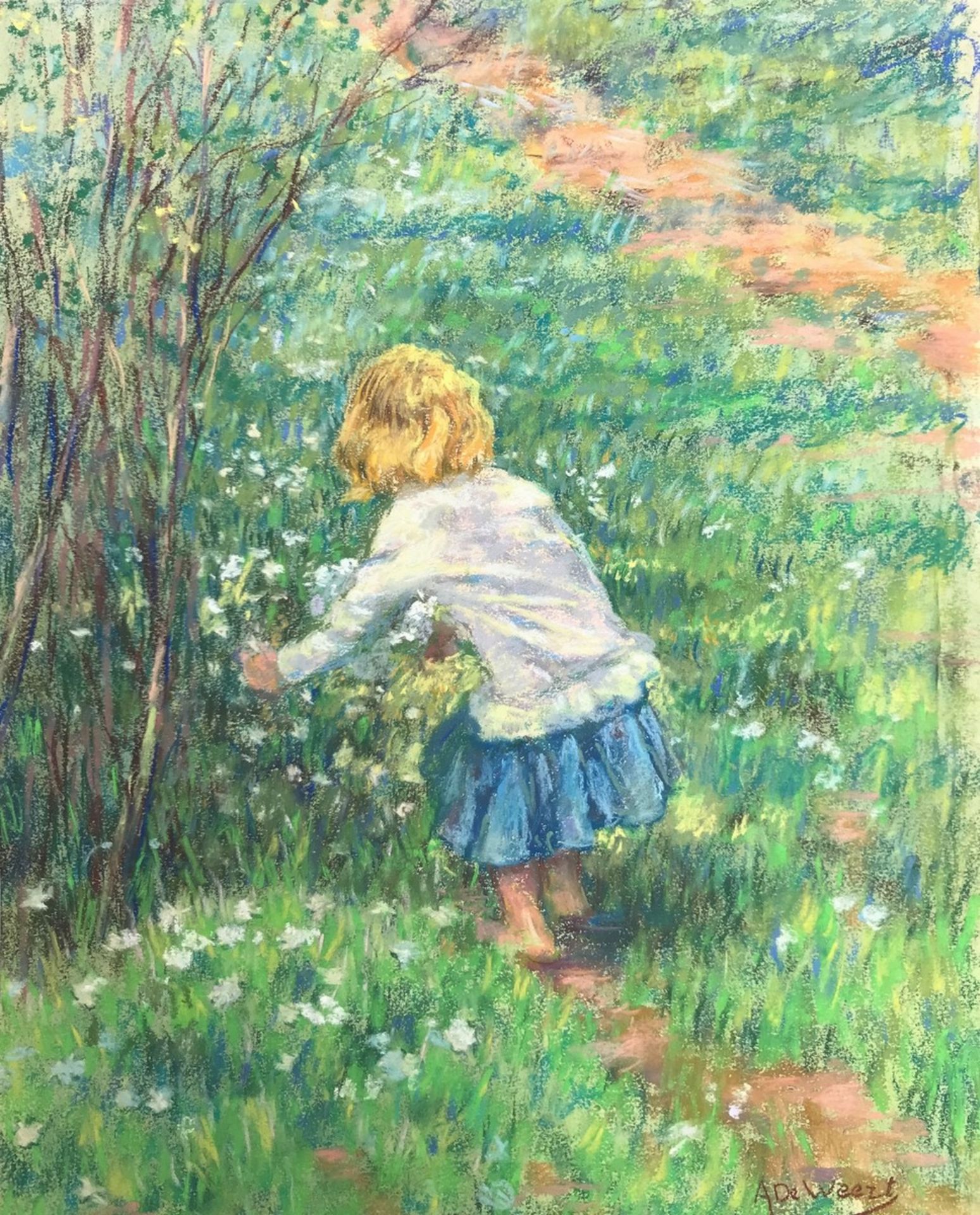 Anna DE WEERT (1867-1950) , Belgique - Fillettes dans un jardin - Pastel sur [...]