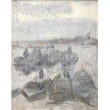 Kees VAN DONGEN (1877-1968) - Péniches sur la Seine - Fusain, pastel et aquarelle [...]