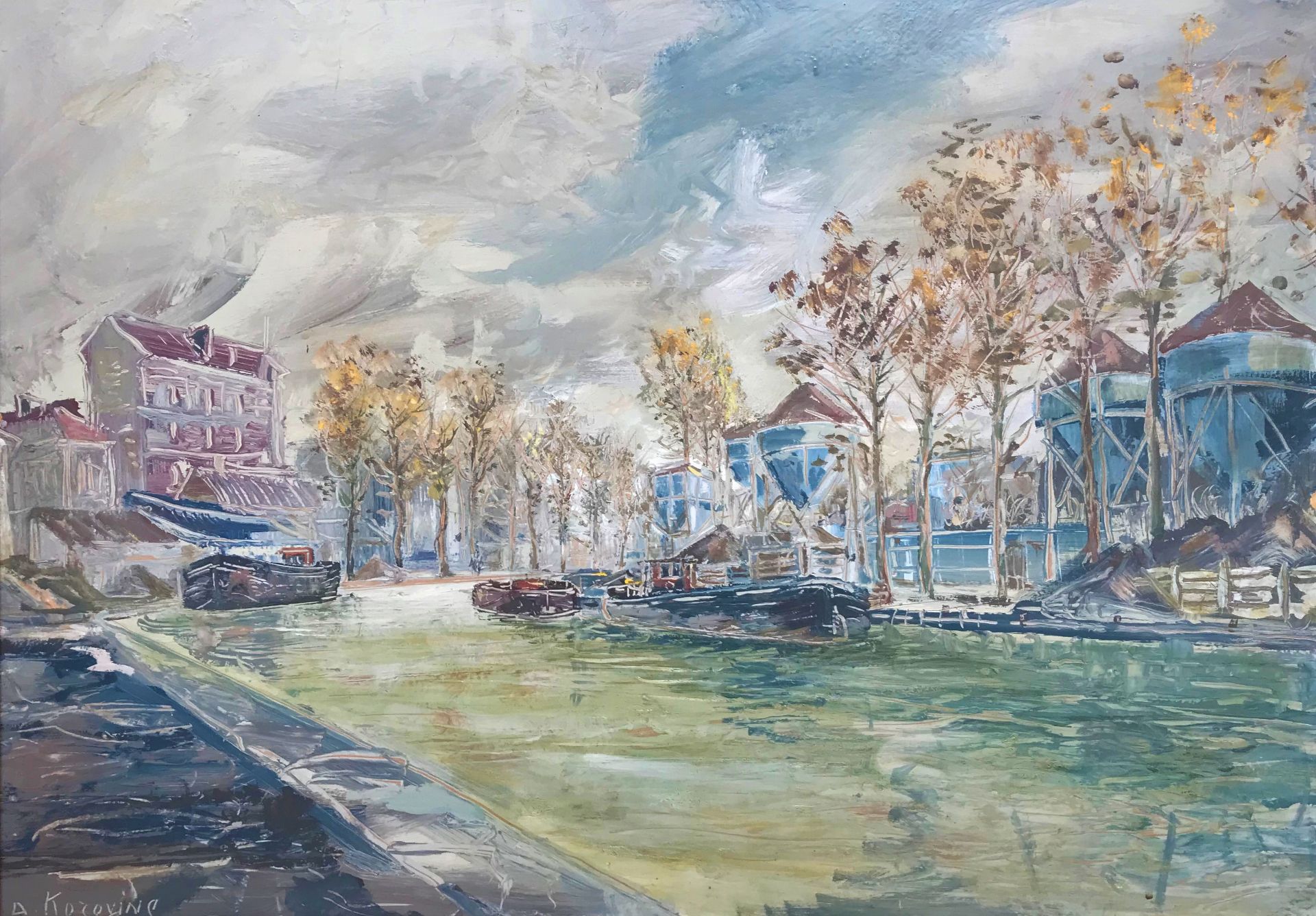 Alexis-Guy KOROVINE (1928-) - Péniches sur la Seine - Huile sur isorel, signée en [...]