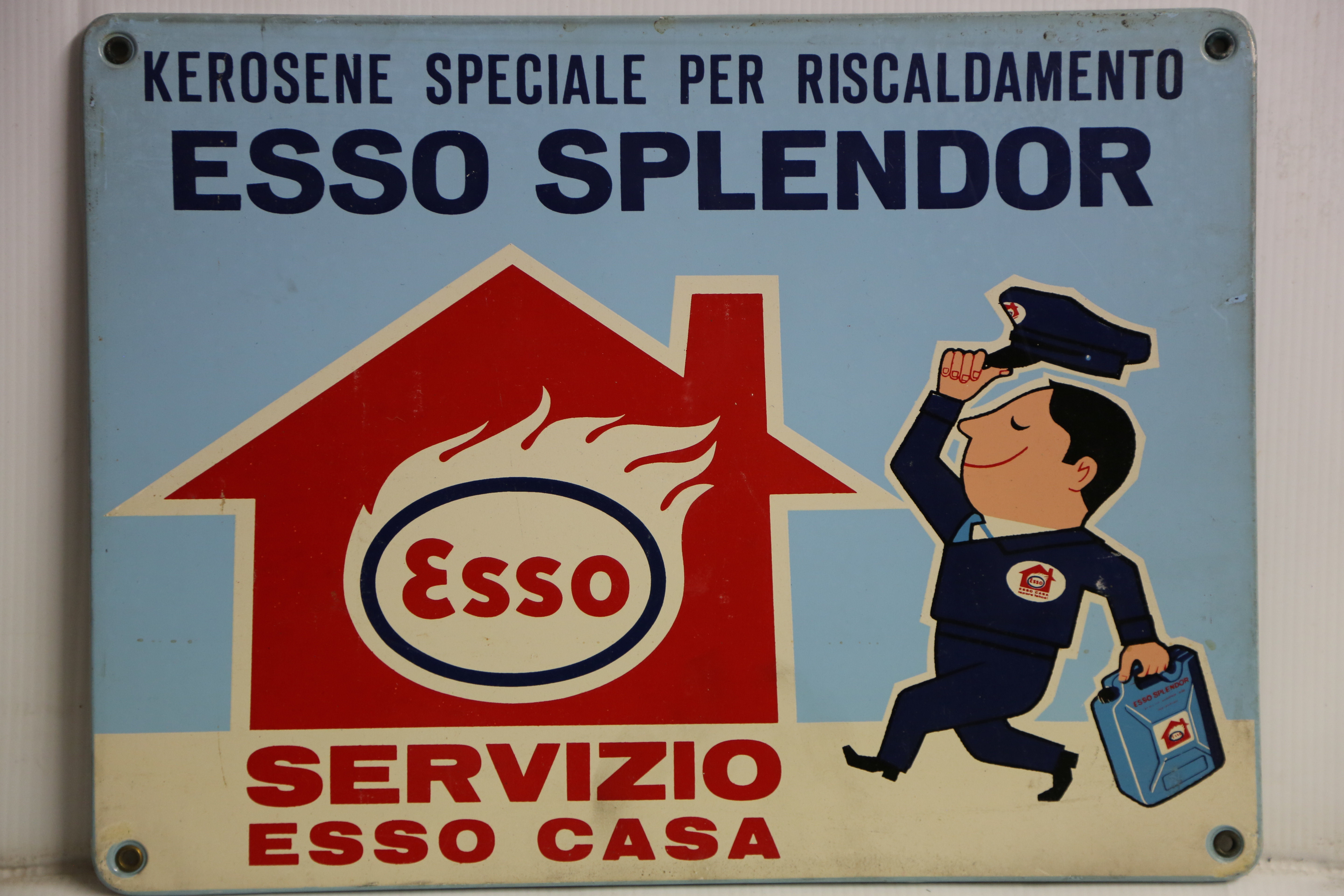 ESSO – a 1950’s original tin advertising sign from Italy advertising Esso brand Kerosene showing a