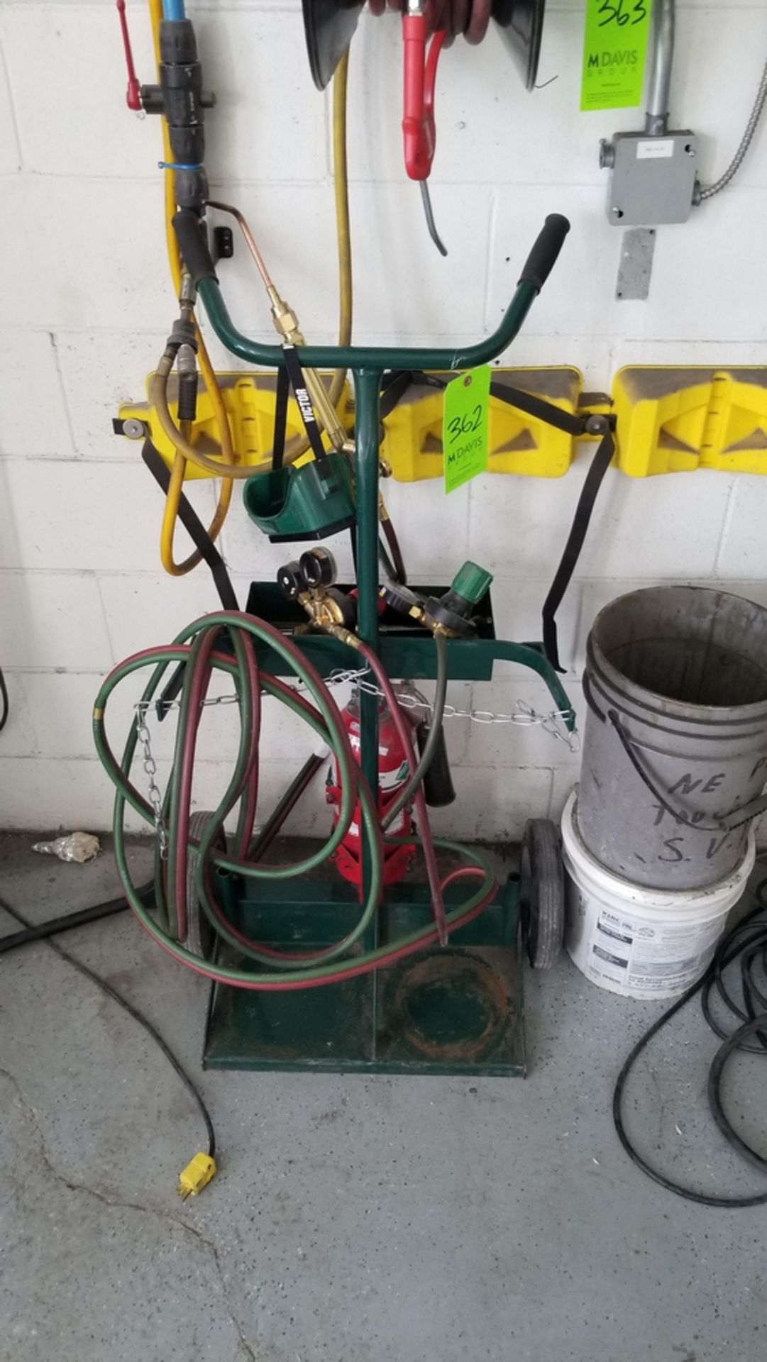 VICTOR Welding Cart w/ Contents including Torch Head, Oxy-acetylene Gauges, Fire Extinguisher, and