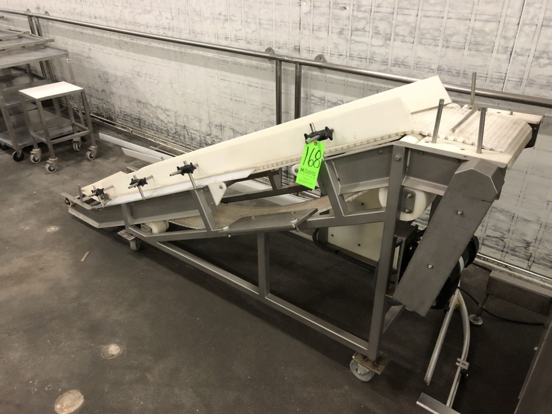 S/S Incline Conveyor, with Flights and 12" W Belt, with Drive, Mounted on S/S Portable Frame