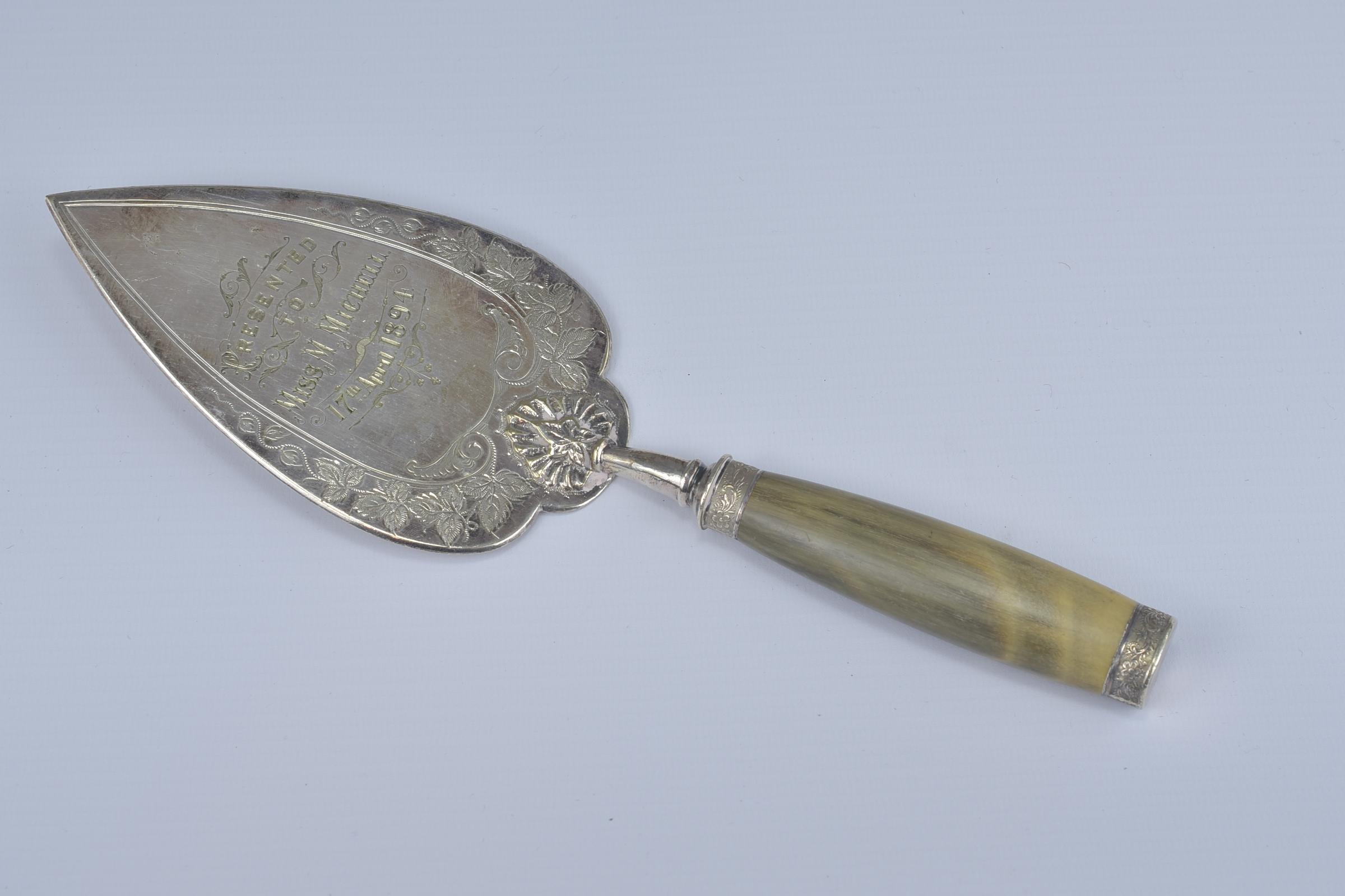 An English antique presentation trowel with horn h