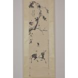 A Chinese ink painting in scroll of man on donkey.