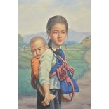 An oil on board painting of a village girl and bab