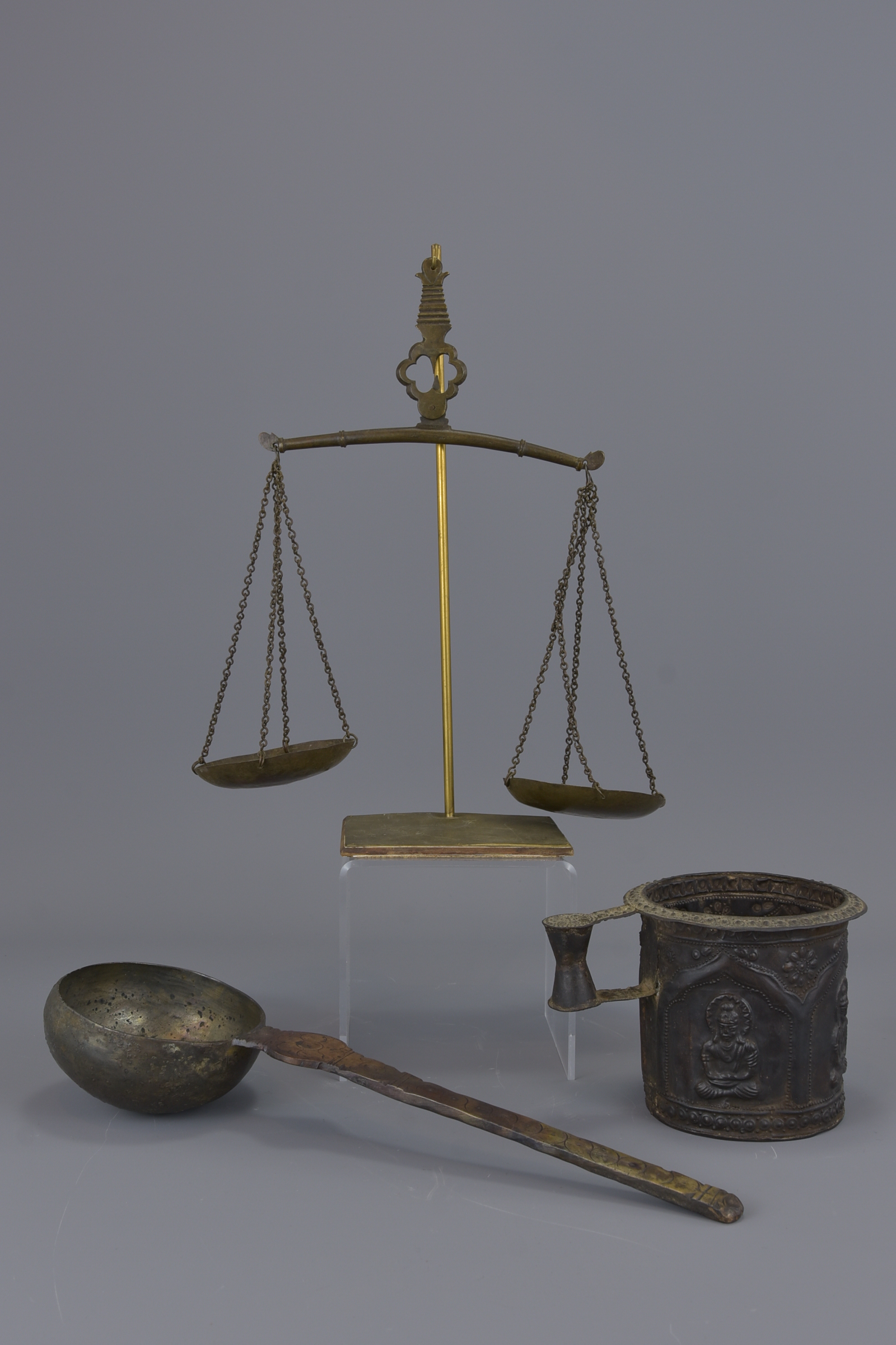 Set of Indonesian brass balance scales with tankar