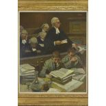 A mid 20th century oil on board. 'Counsel for the prosecution' by Charles McCall. Scottish 1907 - 19