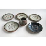 British Studio Pottery – Five Stoneware Saucer Dishes and a Jar. Each dish with incised decoration u