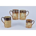 Four Royal Doulton Lamberth stoneware Mugs. 9.7cm tall x 7.3cm diameter, 12.8cm tall x 8.8cm diamete