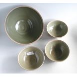 British Studio Pottery – Four Leach St.Ives Stoneware Bowls. All bowls glazed to the inside. The lar