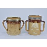 Two Royal Doulton Lambeth stoneware Three-Handle Loving Cups. 15cm tall x 13.5cm diameter, 16.6cm ta