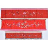 Three Chinese 20th century embroidered silk wall hangings. 45cm x 185cm and 28cm x 130cm and 43cm x