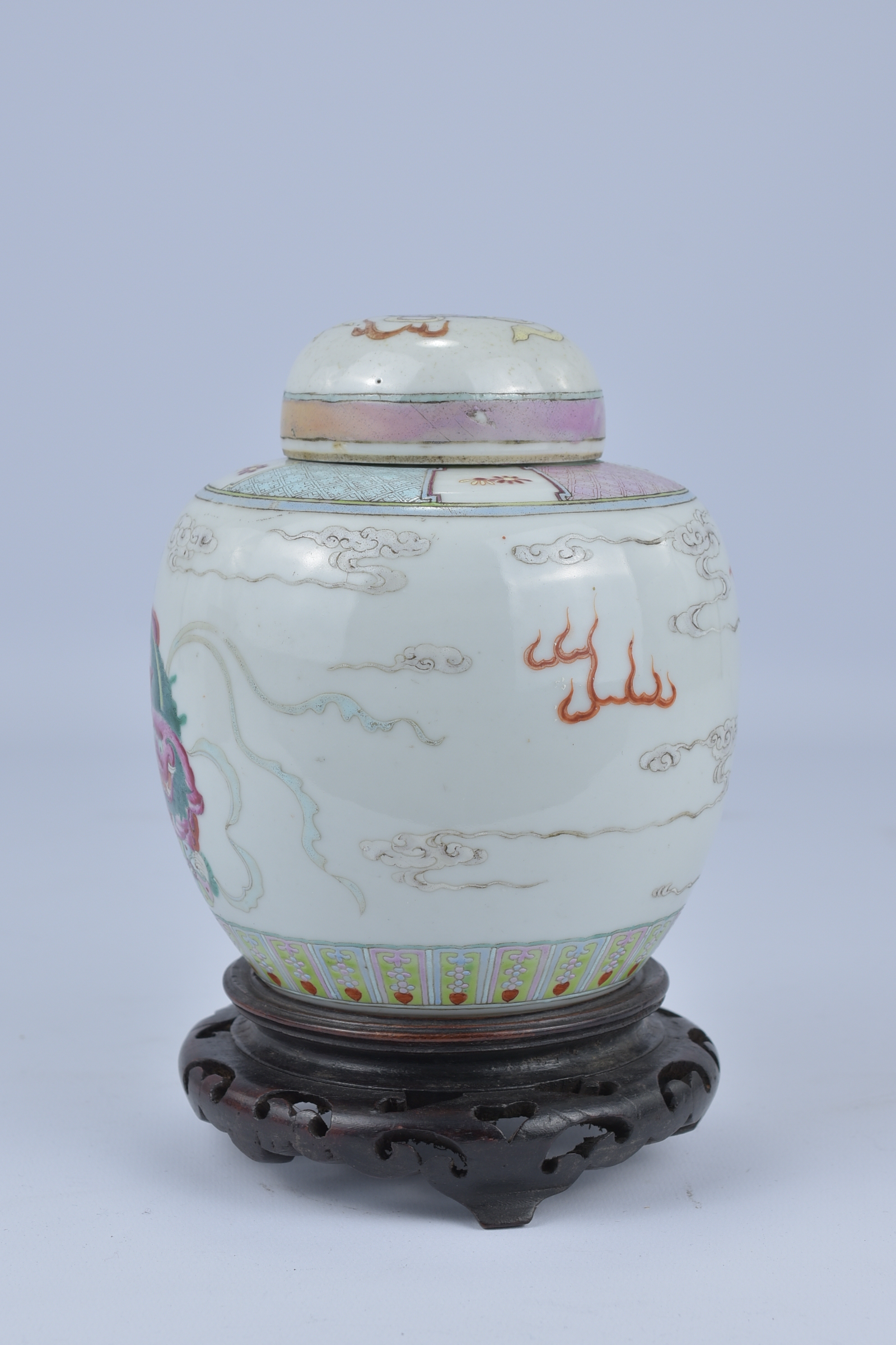 A 19th Century Chinese Famillie Rose porcelain Jar and Cover decorated with two kilin on wooden stan - Image 2 of 6