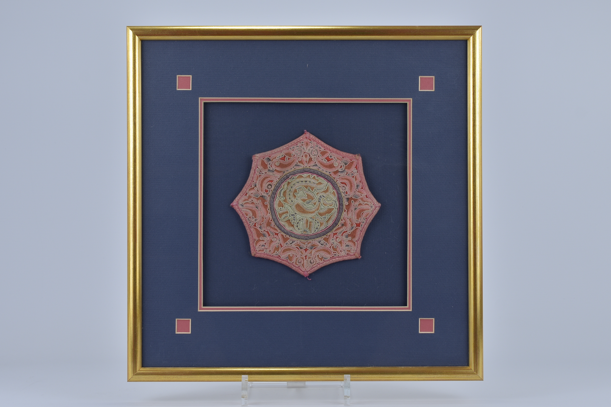 A 19th Century Chinese framed eight sided Embroidered patch with forbidden stitch work of phoenix. 3