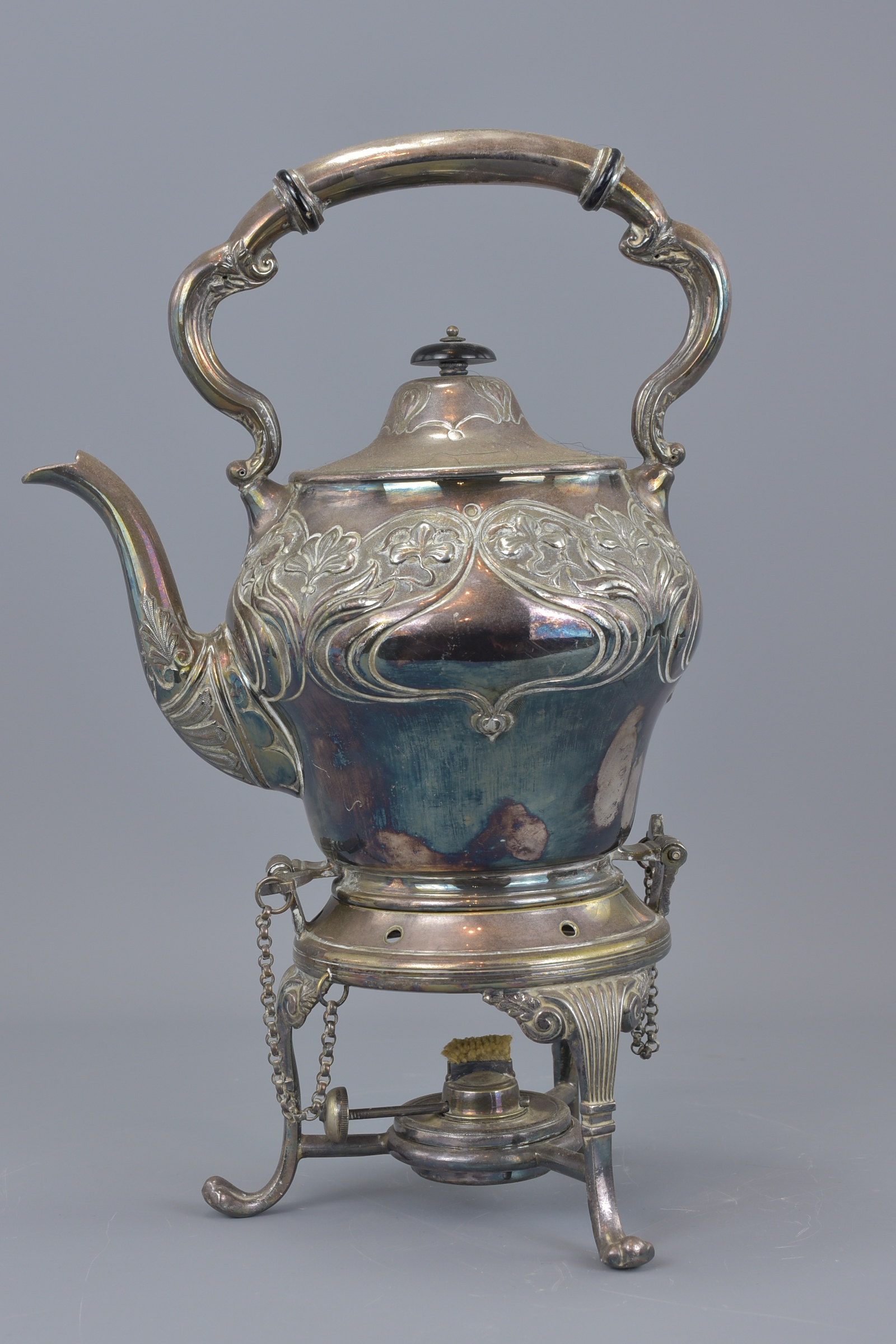 A silver plated Trivet kettle with burner. 33.5cm height