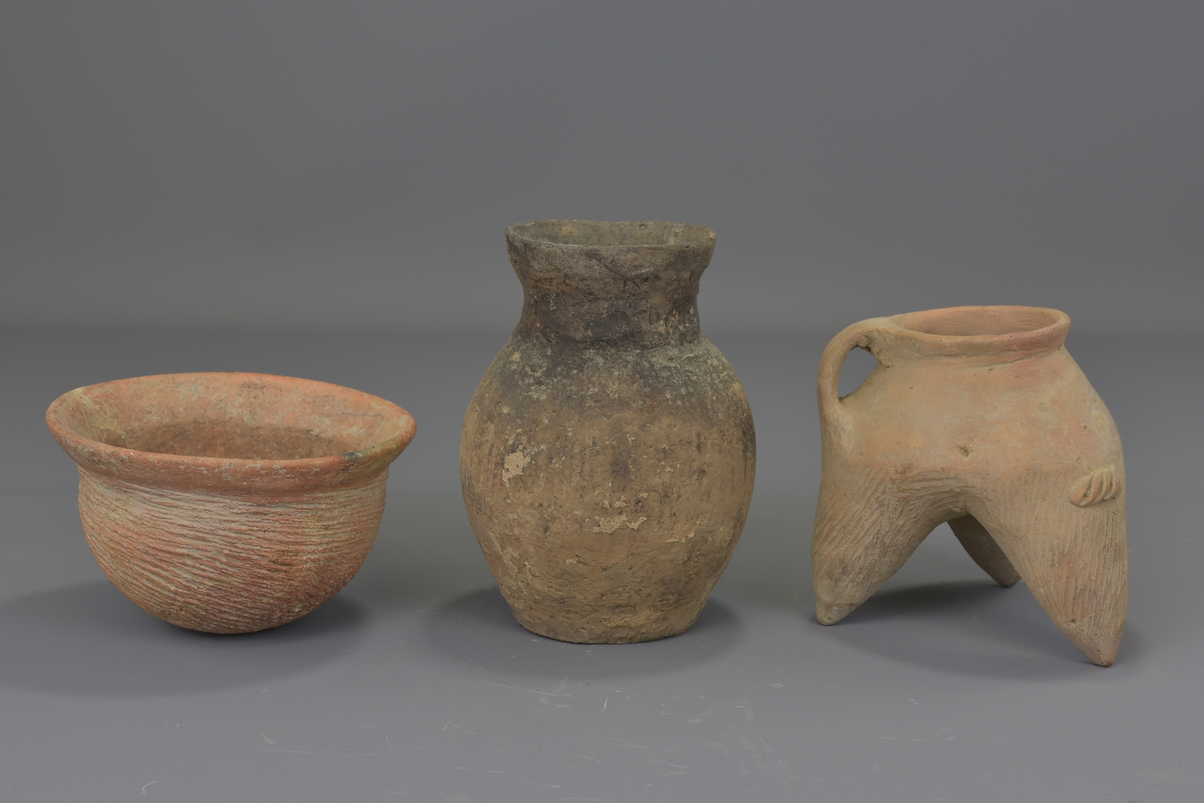 Three Chinese Neolithic period pottery pots and bowl. 12cm - 14cm tall. Provenance: From a private c - Image 3 of 5