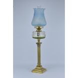 An antique English Victorian Brass Oil lamp with Glass Oil Reservoir and Shade.