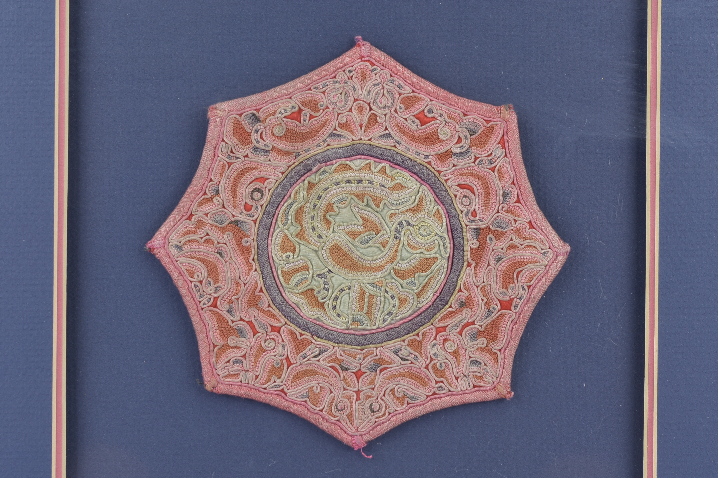 A 19th Century Chinese framed eight sided Embroidered patch with forbidden stitch work of phoenix. 3 - Image 2 of 2