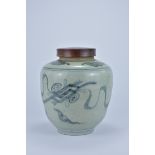 A large 17th/18th Century Chinese Blue and White export porcelain Jar with wooden cover butterflies
