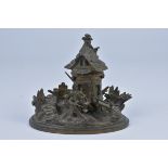 Antique 19th century possibly French bronze figural desk stand inkwell watermill in landscape. 12cm