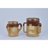 Two Royal Doulton Lambeth stoneware Three-Handle Loving Cups with silver rims. 15cm tall x 13.5cm di