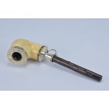 A Venice meerschaum pipe wooden handle and silver metal mounts. 21.5cm