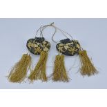 Two 19th Century Qing dynasty Chinese blue and gold Embroidered Purses with tassels. (2)