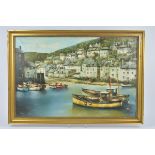 Ron Folland 1932 - 1999 oil on canvas sailing boats in harbour. Signed bottom left. 84cm x 59cm with