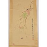 A Chinese watercolour painting in scroll of insects in tree. Signed Qi Baishi. Painting size 94cm 43