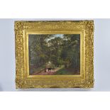 A 19th century oil on canvas of countryside lane scene in heavily gilt frame. Signed J.J Hughes 1886
