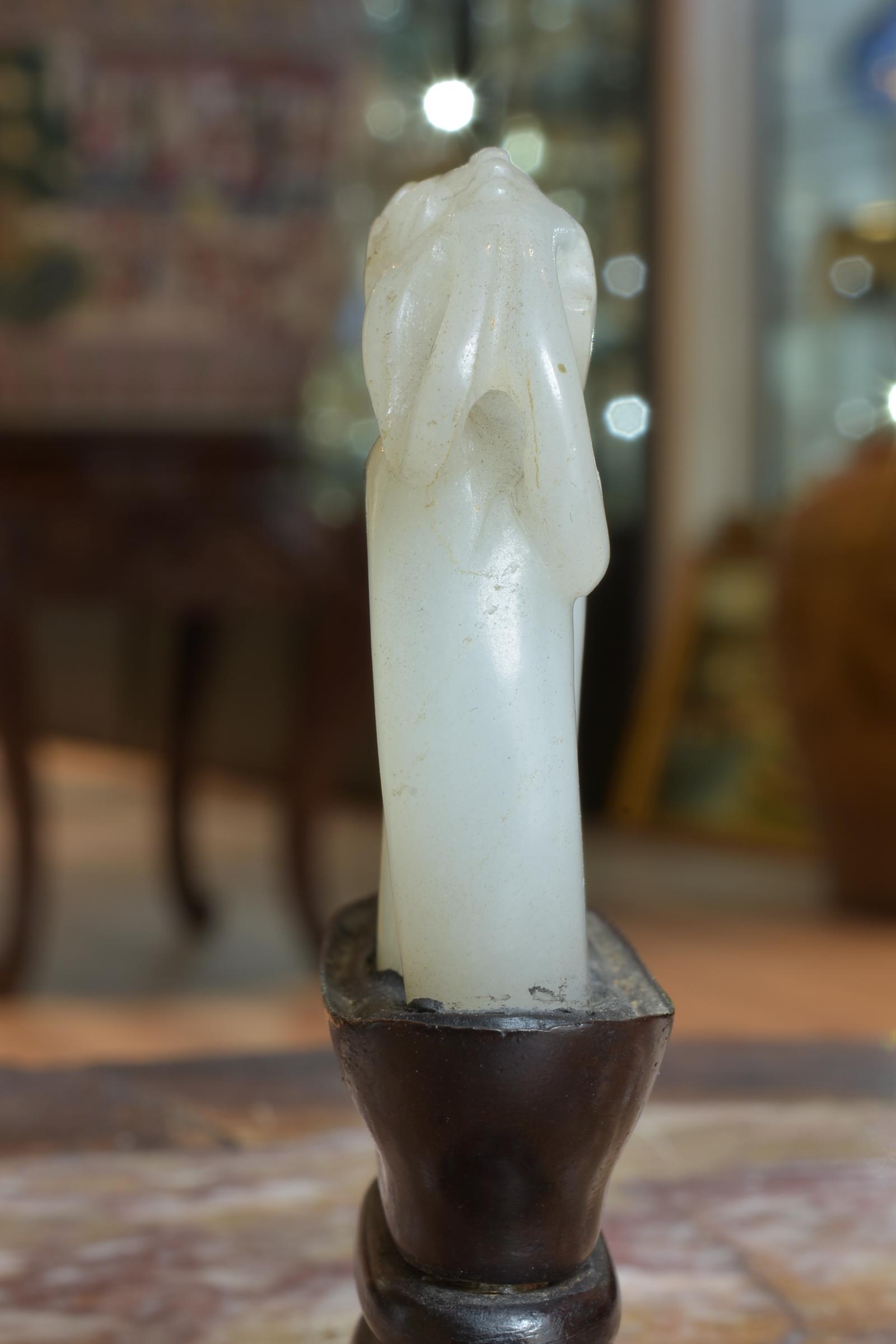 A 19th century Chinese carved White Jade joined rings surmounted by a dragon attached to wooden stan - Image 11 of 13